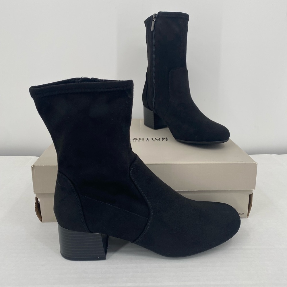 REACTION KENNETH COLE Women's Black Stretch Road Round Toe Block Heel Booties 8